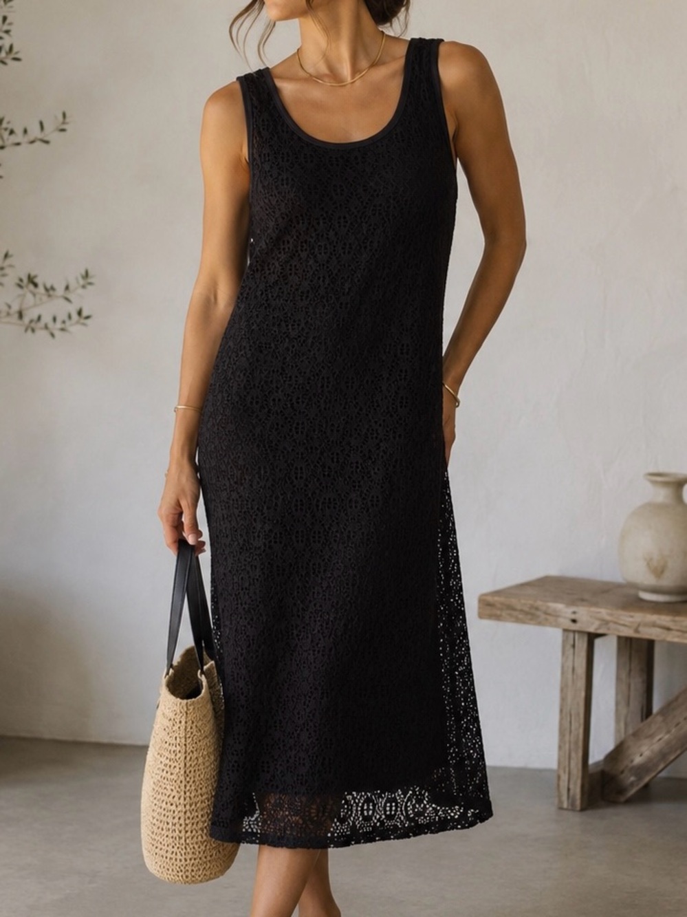 Madison Leigh Black Crochet Lace Midi Dress M USA Made Minimalist Boho Travel